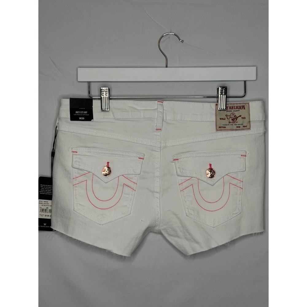 True Religion Joey Cut Off Shorts White Pink Stitch Low Rise Flap Pocket W29 NWT - Picture 7 of 16